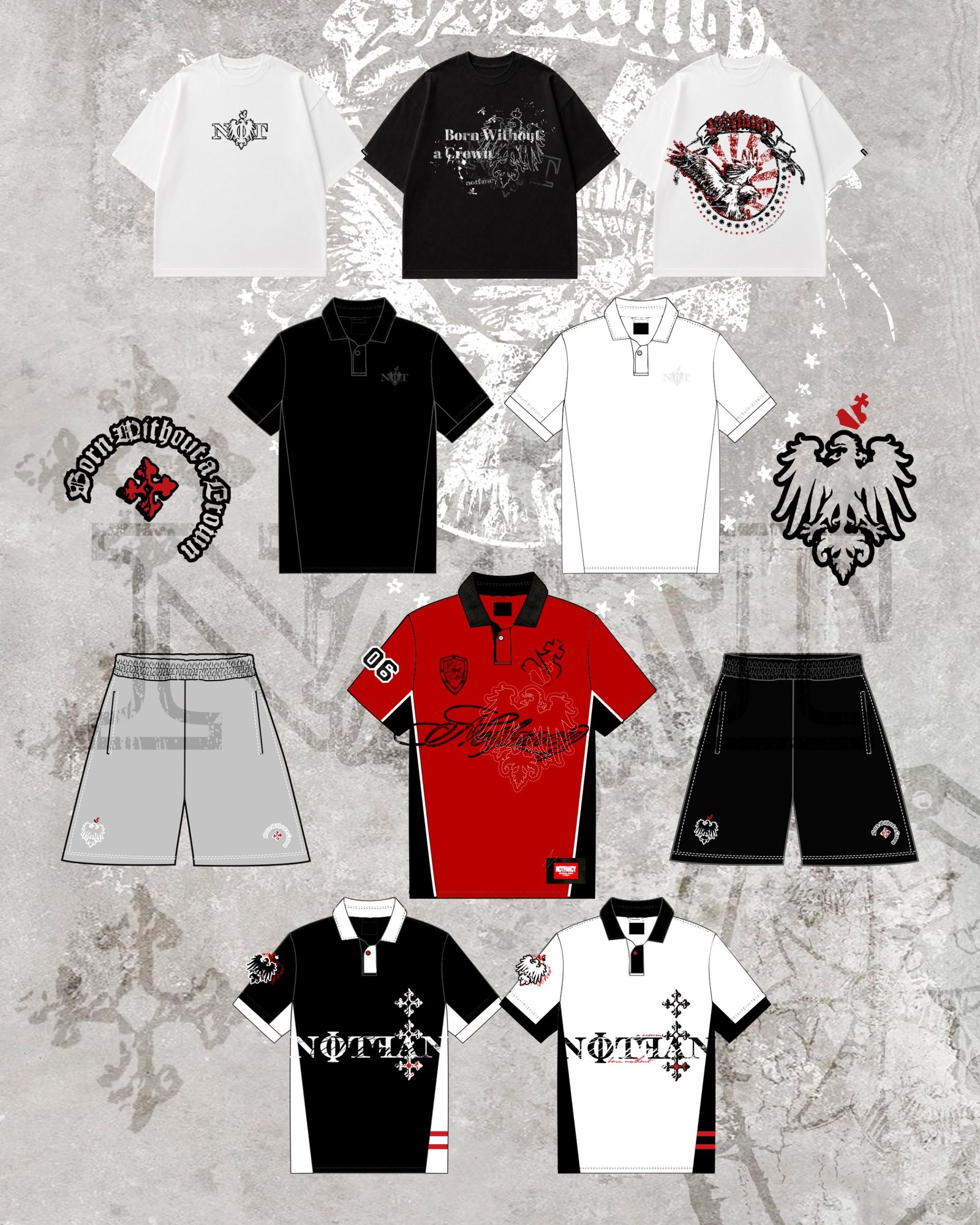 Colección Drop Crownless: remeras, polos y shorts sobre fondo texturado gris