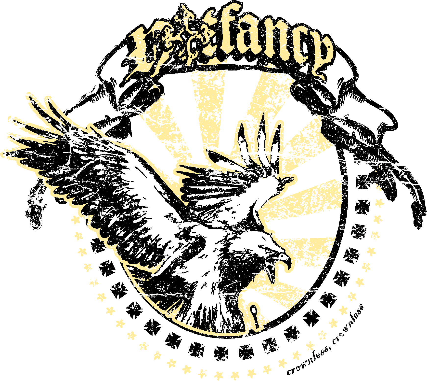 Emblema del águila con sol naciente en amarillo y el lema crownless
