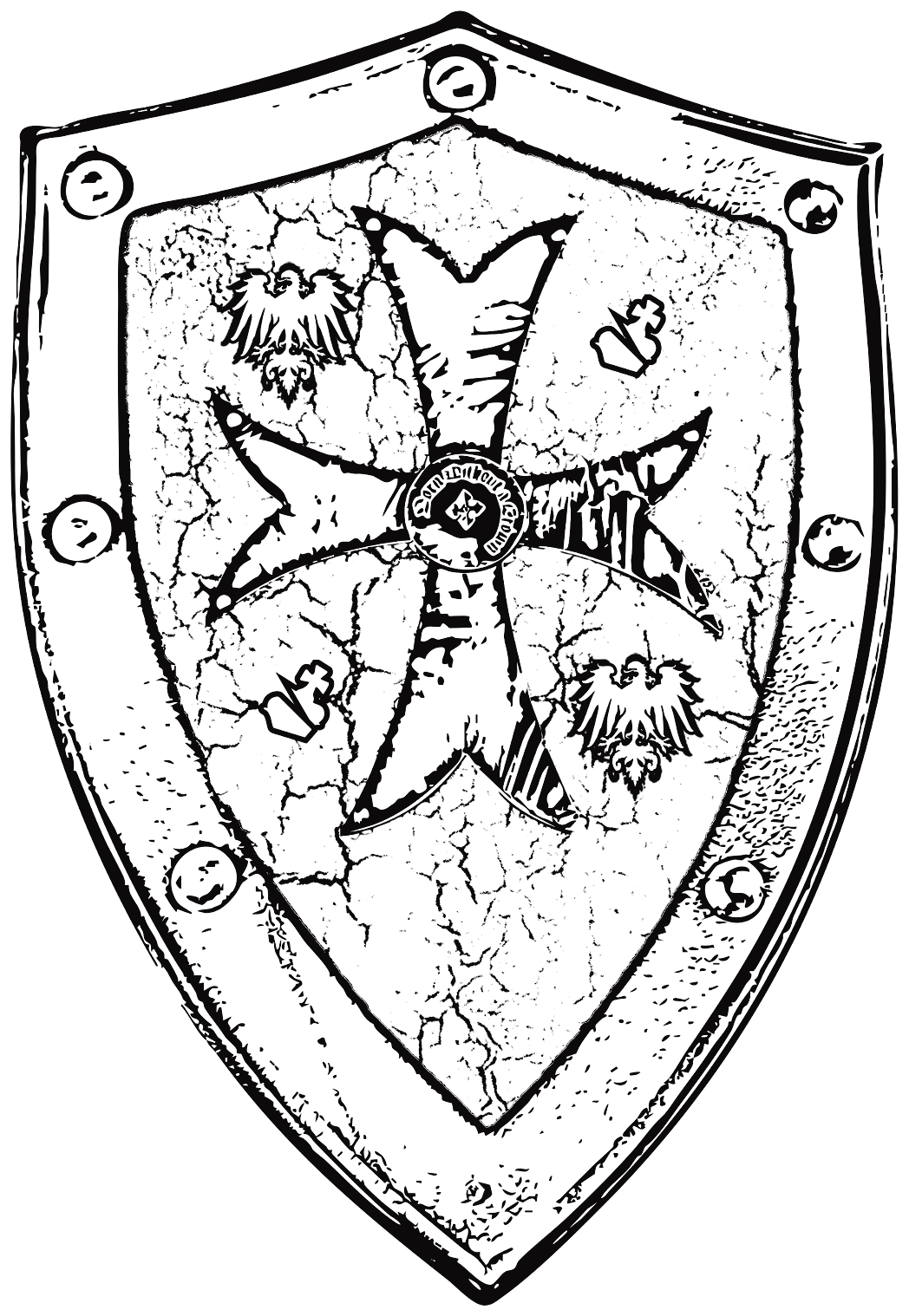 Escudo con cruz y águilas, ilustración en tinta negra