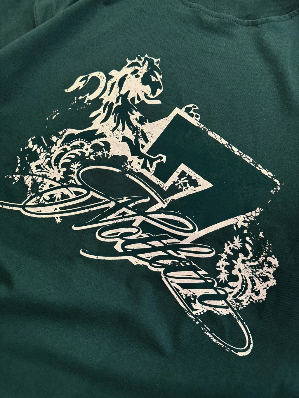 Detalle de la estampa del león y el 7 sobre la remera verde