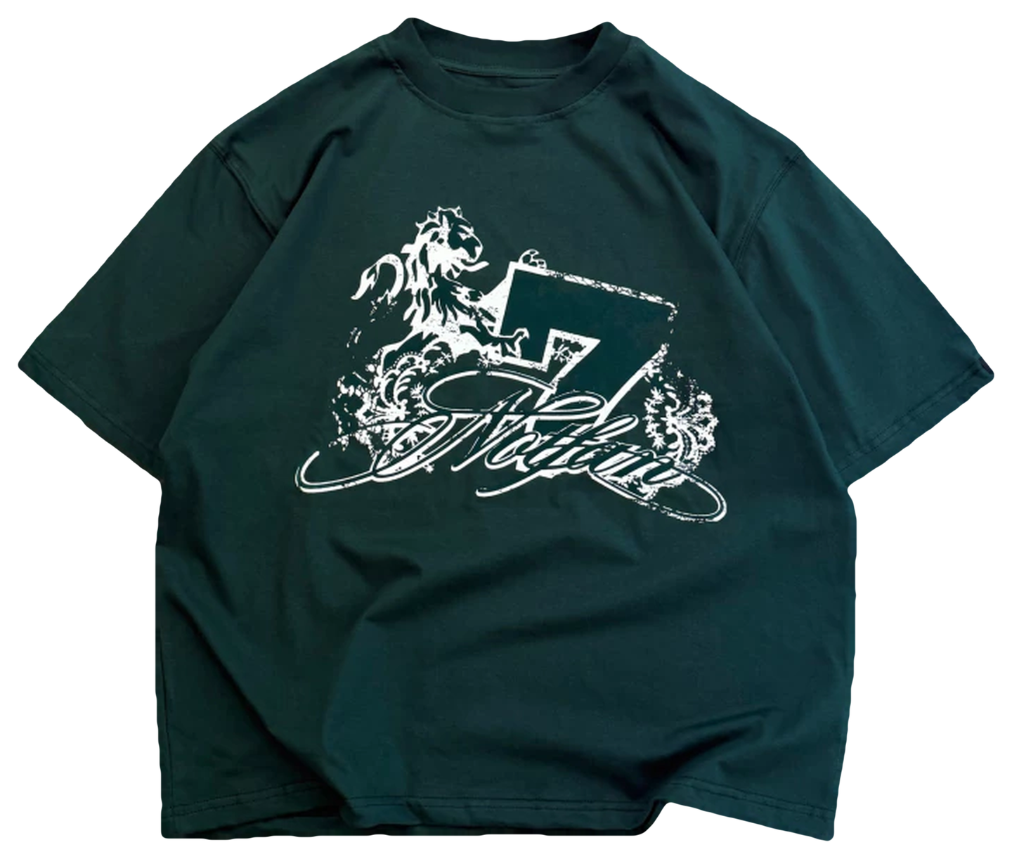 Remera oversize verde con la gráfica del león, el 7 y la firma Notfancy en blanco