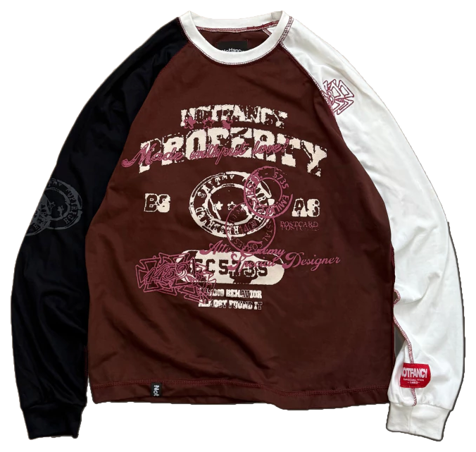 Remera manga larga raglán marrón con mangas negra y blanca y la gráfica Notfancy Property