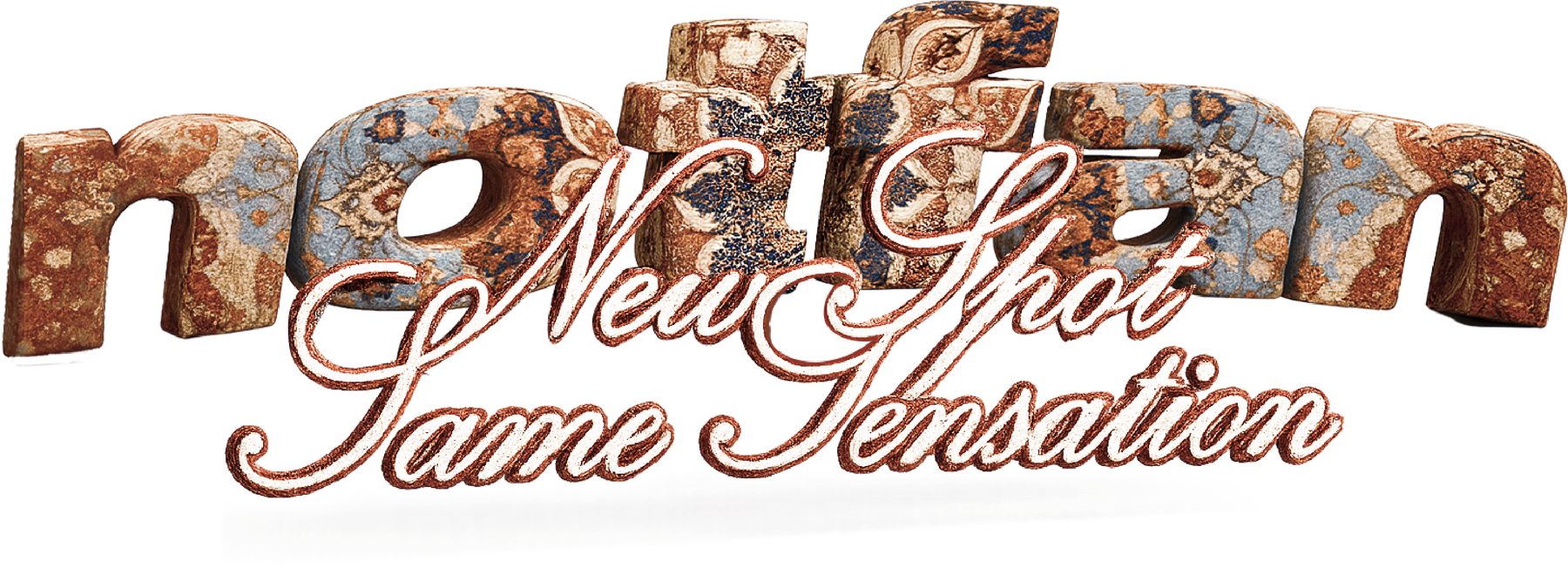 Lettering notfan con textura oxidada y la frase New Spot, Same Sensation