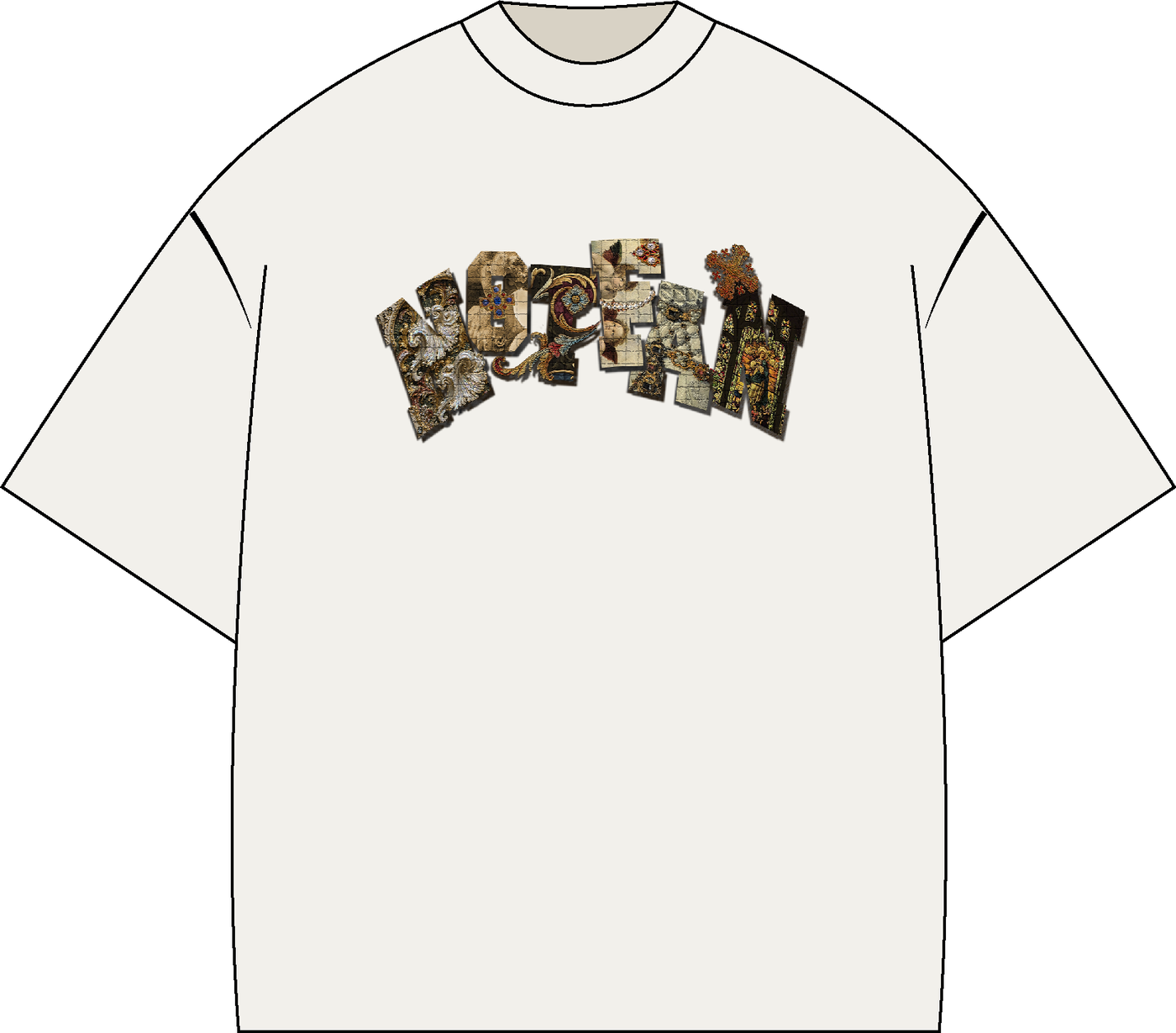 Mockup de remera blanca con el logotipo collage barroco al frente