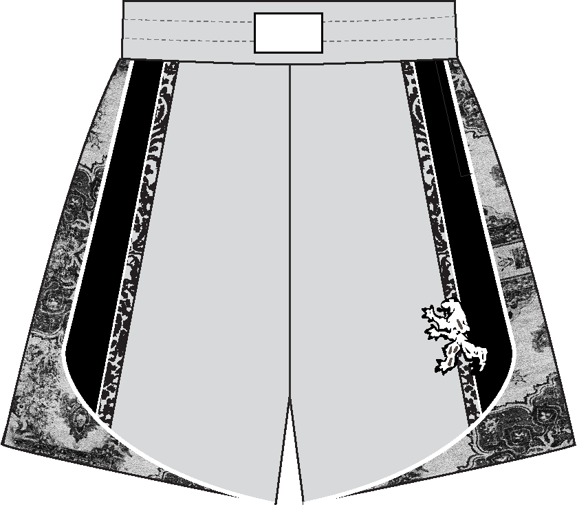 Short de boxeo blanco y negro con laterales de rapport persa y un león blanco
